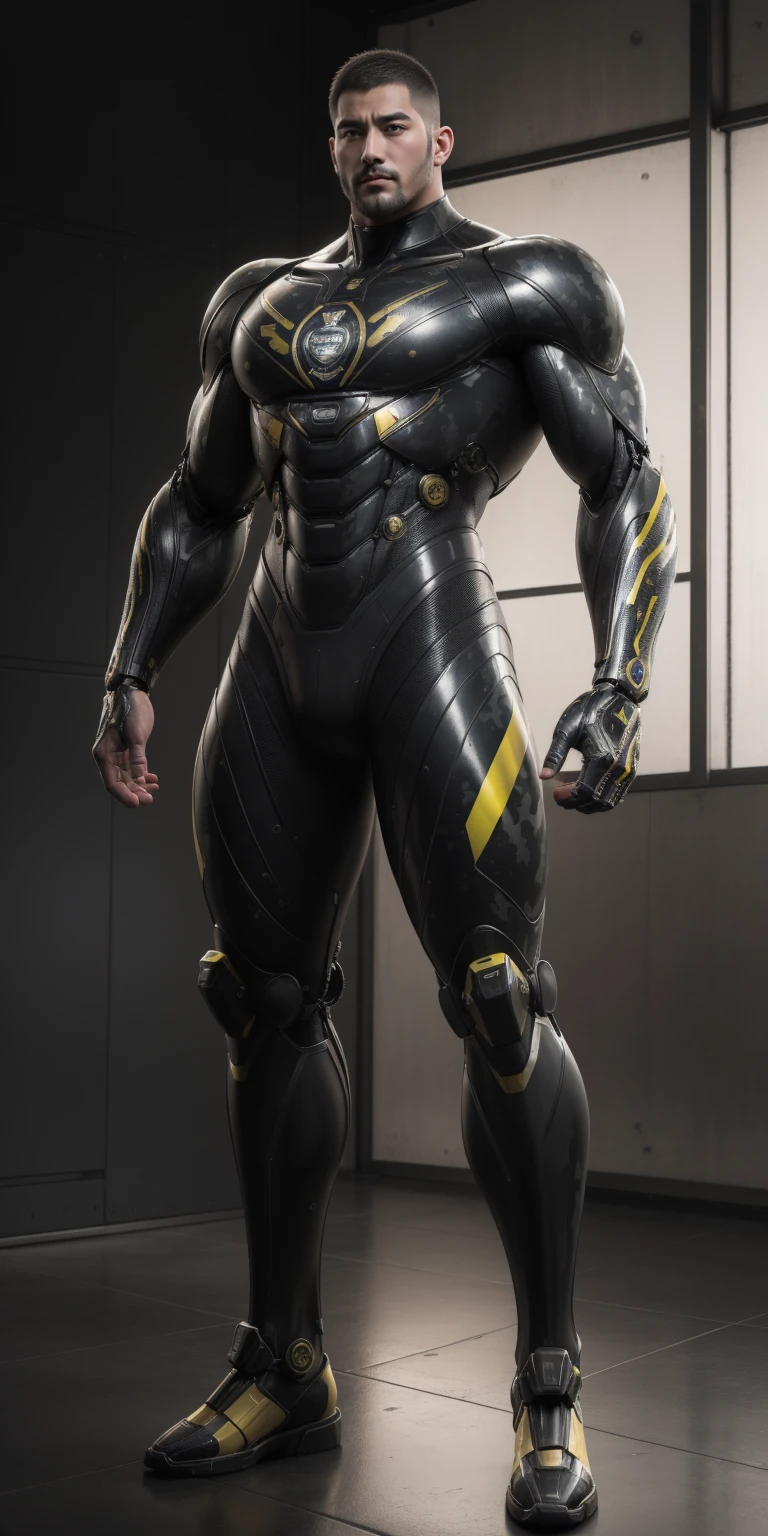 Tall giant muscular police officer,Buzz Cut,Very long legs,Yellow and black camouflage patterned nano mecha,Honeycomb pattern,Lightweight texture,Character Concept(Resident Evil - Chris Redfield,Chris Redfield)senior police officer,Small grid texture,Regular symmetrical texture pattern,Sad expression,Deep and charming eyes,Standing in a bright mechanical laboratory,Emerald Eyes Hero,Heroic male pose,Tall burly,muscular!Attractive leg muscles,High target, Burly, Heqiang, Super Buff and Coolness, High Resolution Committee, Bigfoot yellow-gray ultra-thin nano-mechanical boots,Charismatic strongman,The bright sunshine shines on you,Matte particles,Shiny texture