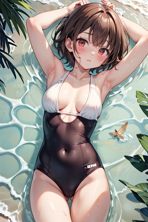 1girl, solo, breasts, looking at viewer, blush, short hair, bangs, brown hair, red eyes, navel, swimsuit, lying, on back, armpits, arms up, one-piece swimsuit, light brown hair, alternate breast size, white one-piece swimsuit, lactation, armpit hair