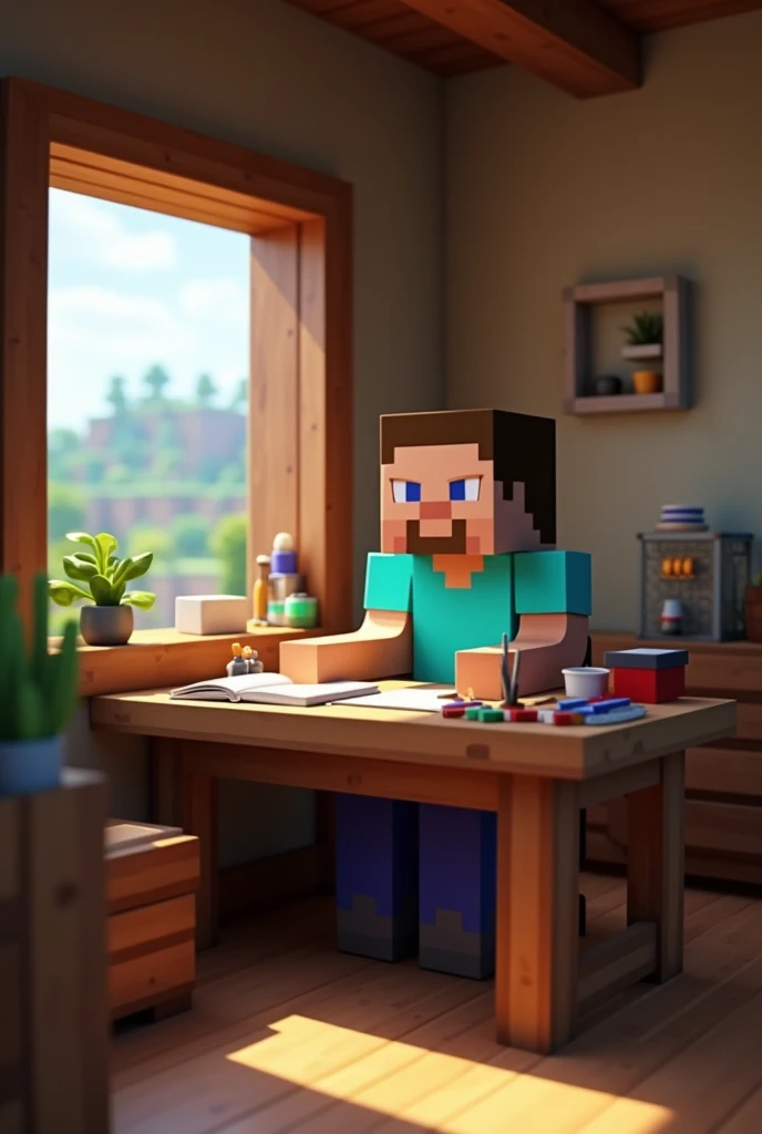 Create a minecraft game image of the character Steve sitting at a desk