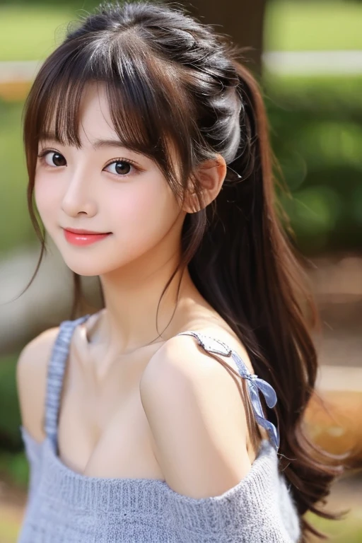 、Middle school students、、Cute Face、beautiful girl、Off-the-shoulder clothing、A little bit of cleavage is visible、Big Breasts、F Cup、Long Hair、With bangs、Good style、Deep-set eyelids、Just the right size for a smaller face