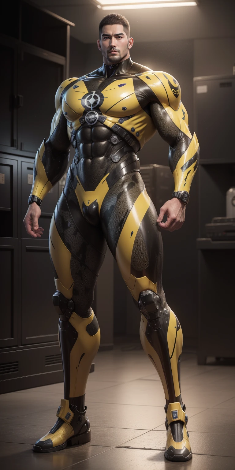 Tall giant muscular police officer,Buzz Cut,Very long legs,Yellow and black camouflage patterned nano mecha,Honeycomb pattern,Lightweight texture,Character Concept(Resident Evil - Chris Redfield,Chris Redfield)senior police officer,Small grid texture,Regular symmetrical texture pattern,Sad expression,Deep and charming eyes,Standing in a bright mechanical laboratory,Emerald Eyes Hero,Heroic male pose,高大Burly,muscular!Attractive leg muscles,High target, Burly, Heqiang, Super Buff and Coolness, High Resolution Committee, Bigfoot yellow-gray ultra-thin nano-mechanical boots,Charismatic strongman,The bright sunshine shines on you,Matte particles,Shiny texture