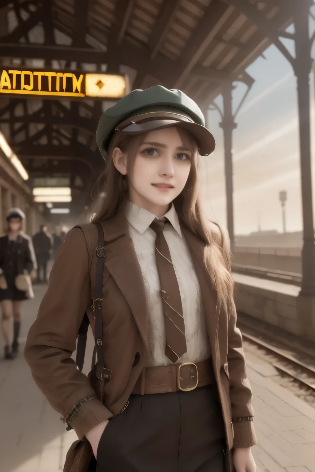 1 girl, aviator hat , solo, steam punk, train station, , steam, smoke, masterpiece, highly detailed,HDR,8k resolution, best quality,
