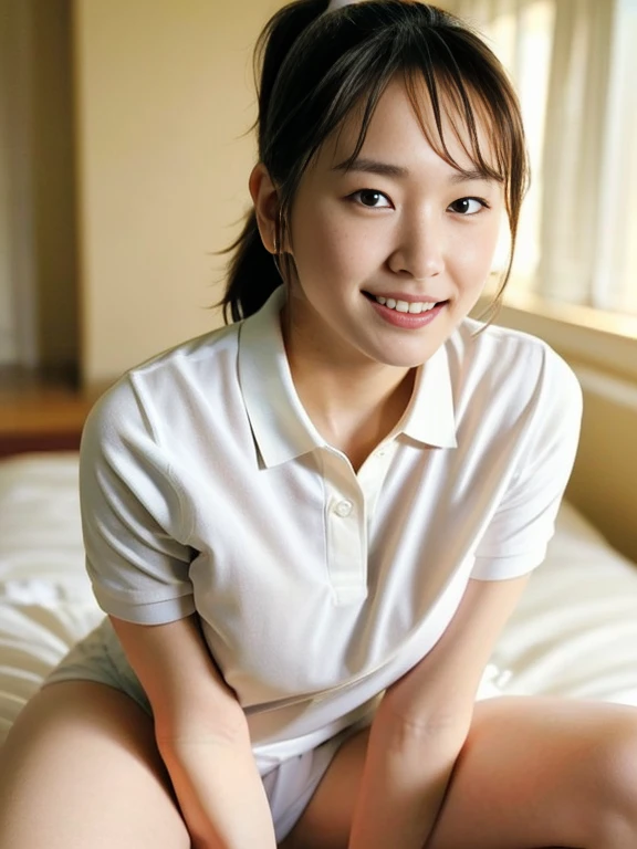 (Masterpiece, Best quality: 1.3), (Ultra realistic, Photo-realistic: 1.2), From above, Natural light, 28 years old actress, Japanese women, Neat and clean, (White tennis uniform, White short-sleeve polo shirt:1.2), (unbutton:1.3), (White tennis skirt:1.2), white sock, (Ponytail: 1.2), (Beautiful face), Oval face, clear, Beautiful eyes, Kind eyes, Clear skin, Small face, Beautiful mouth, Small mouth, Natural makeup, Approachable, (nsfw:1.2), Seductive smile, (Seductive pose: 1.3), (Beautiful thighs: 1.2), (Bedroom eyes: 1.2), Embarrassed, Blush, Luxury hotel Suite room, On bed, Hidden camera installed in suite room captures obscene reality of girls high school, (lesbian couple , petting together:1.1), grabbing crotch, erotic hag,