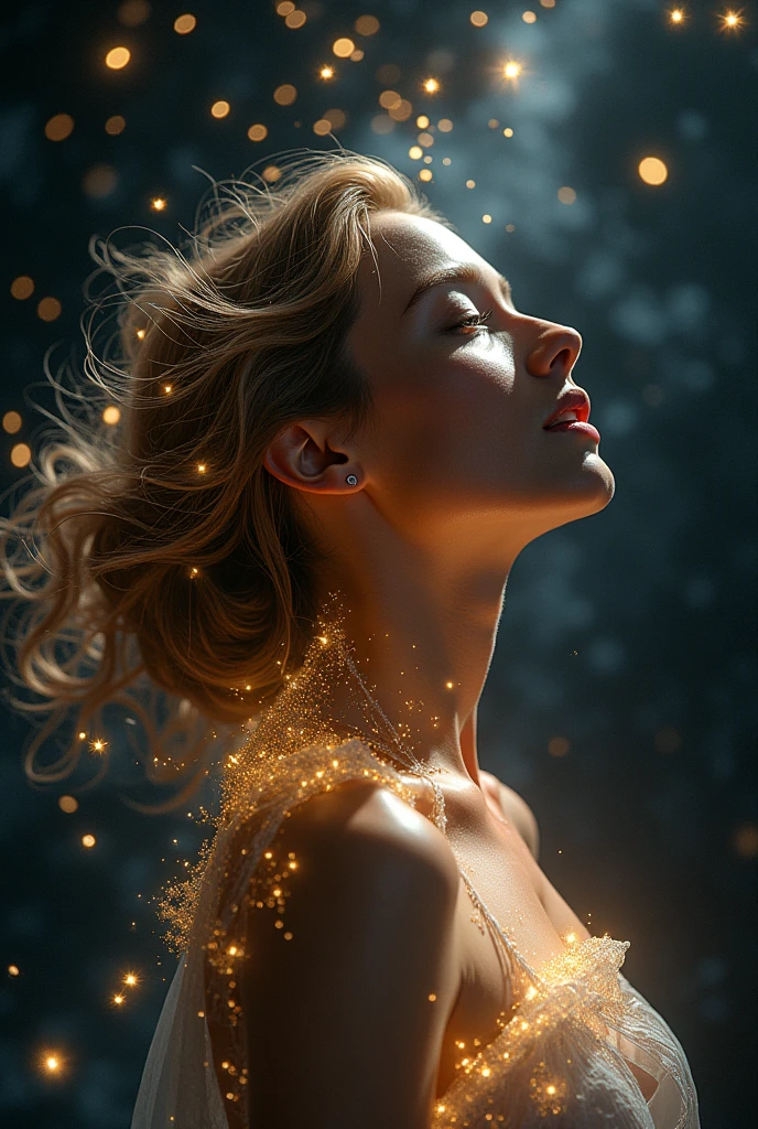 Woman surrounded by sparkling stars in black space