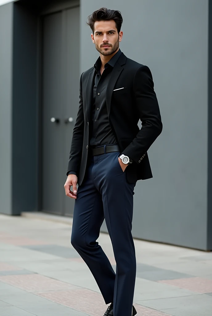 create 4 more images of dark-haired man in navy blue tailored pants, black sneakers with white detail, long black dress shirt, black blazer and silver watch on left wrist