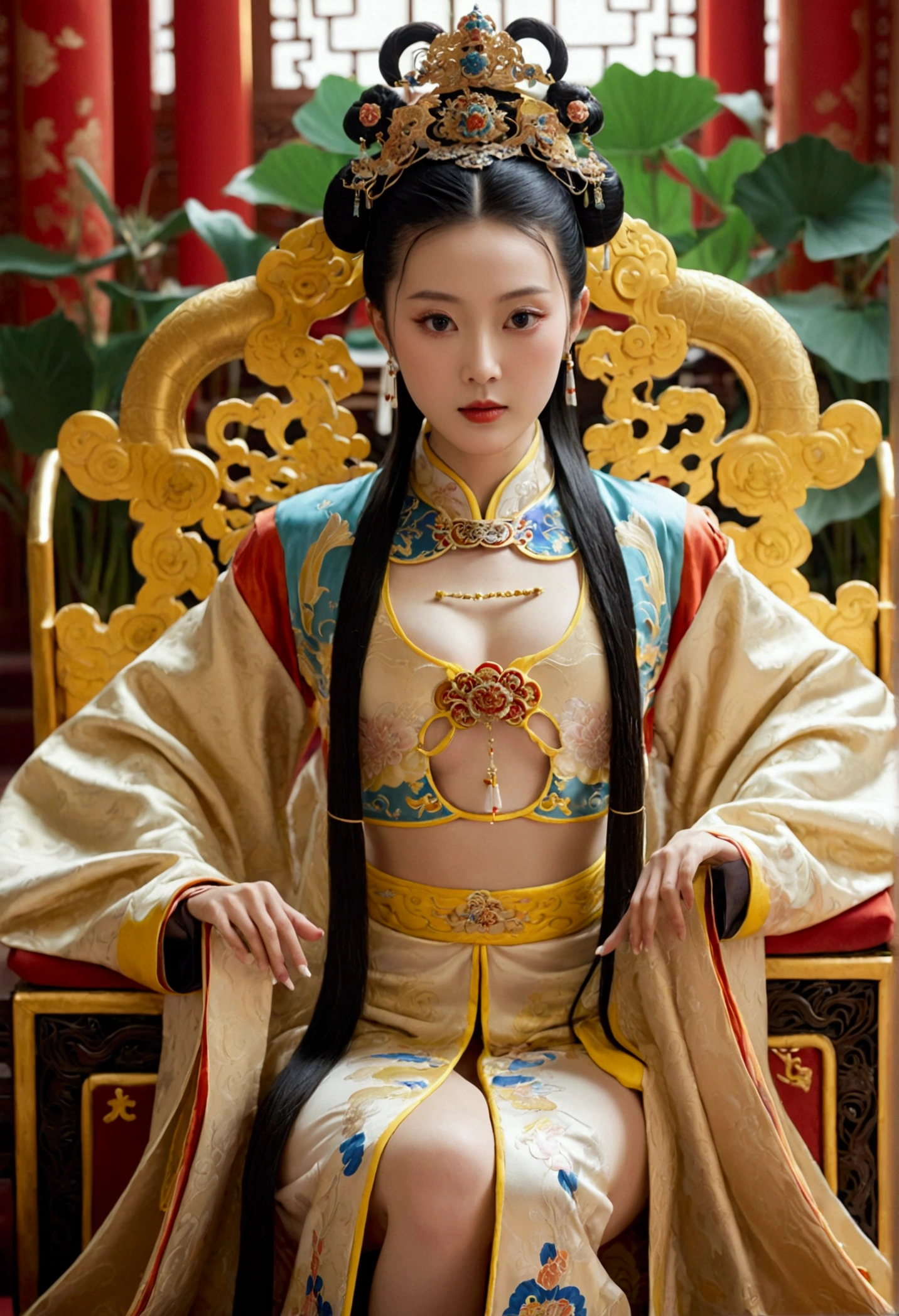 A gorgeous empress from the Chinese imperial court during the Qing Dynasty, fully naked on a large golden sofa, spreading one's legs open wide with knees bent,creating the shape of the letter M(Porn Pose) A gorgeous Chinese imperial empress with her hair tied on both sides and wearing a crown、Background of kinky and erotic woman tying her hair、The story is set in the luxurious rooms of an empress in the Chinese imperial court during the Qing dynasty.。