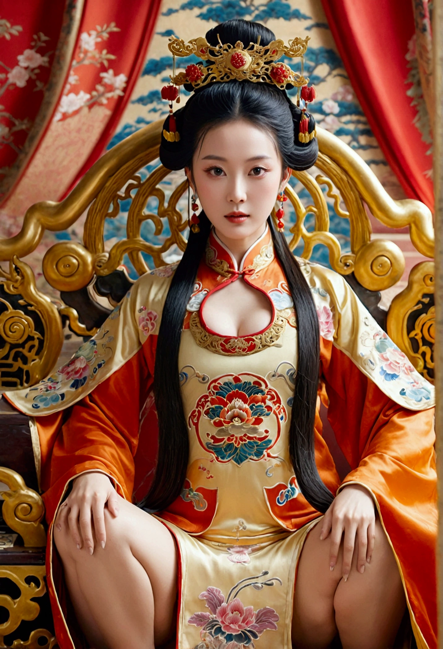 A gorgeous empress from the Chinese imperial court during the Qing Dynasty, fully naked on a large golden sofa, spreading one's legs open wide with knees bent,creating the shape of the letter M(Porn Pose) A gorgeous Chinese imperial empress with her hair tied on both sides and wearing a crown、Background of kinky and erotic woman tying her hair、The story is set in the luxurious rooms of an empress in the Chinese imperial court during the Qing dynasty.。