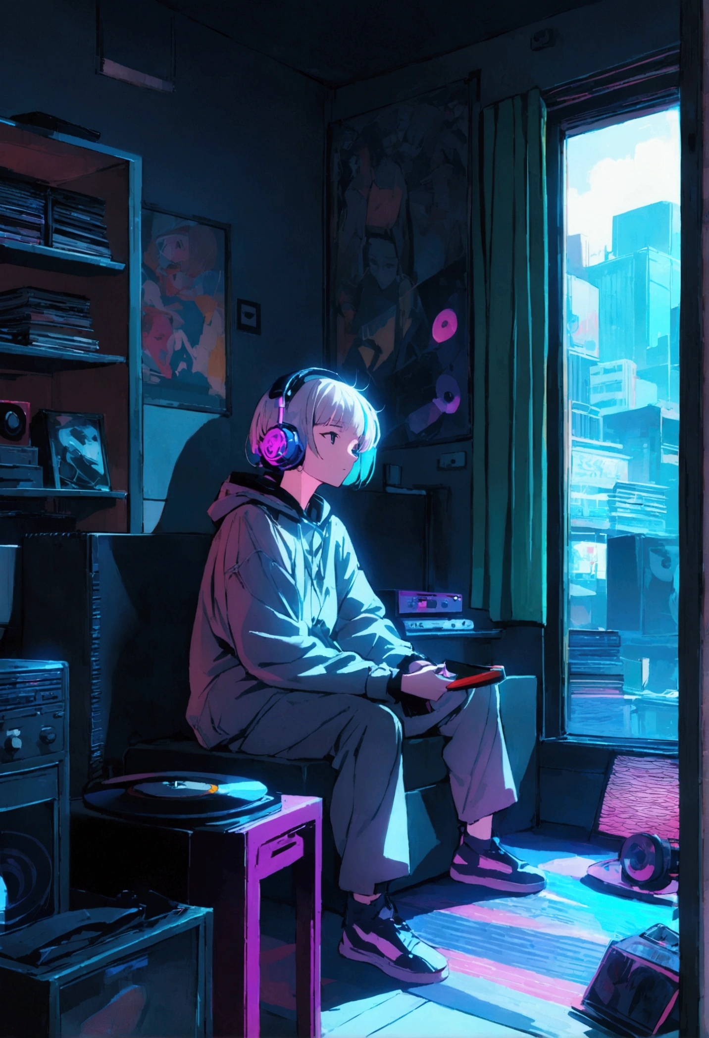 1 person,Photo of a man wearing headphones and listening to music, Why in the text?, Very detailedな, Vintage Wave, cyber punk, relax, Light coming through the window, nightの風景, One Bedroom, 2D, (Shot from a distance), Wide Shot, (Movie noise), Old cartoons, (Many records: 1.3), vinyl record store, (masterpiece, Very high quality, Very high quality, Official Art, beautifully、beautiful: 1.2), (Very detailed, (Fractal Art: 1.4 ), guitar, (Note: 1.4), (Lo-fi hip hop), Side view, Old Anime Texture, alone, speaker, cyber punk, vinyl, night，Exquisite facial details，Cool guy