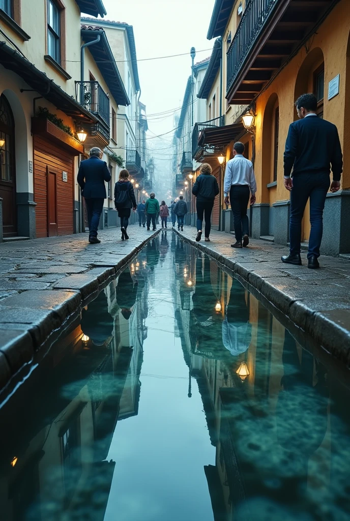 A low-angle urban scene with a narrow cobblestone street in a small town or village, where people walk between buildings with stores on either side. On the ground, there is a very long puddle with crystal-clear water, as reflective as a mirror, revealing a completely different city below, with a wide, busy avenue full of cars and tall buildings. The two cities are visually connected through the puddle, creating a surreal and imaginative contrast between the small, quiet city above and the bustling cityscape below. The atmosphere is shifting and mysterious, and accentuates the contrast between the quiet street above and the bustling avenue below. --no reflection, mirror --ar 3:4 --style raw --v 6.1