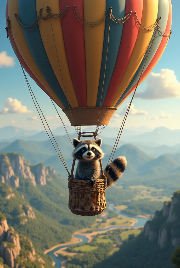 A raccoon is riding a balloon、Excited look、Hopeful Face、View of the Earth&#39;s surface from high altitude