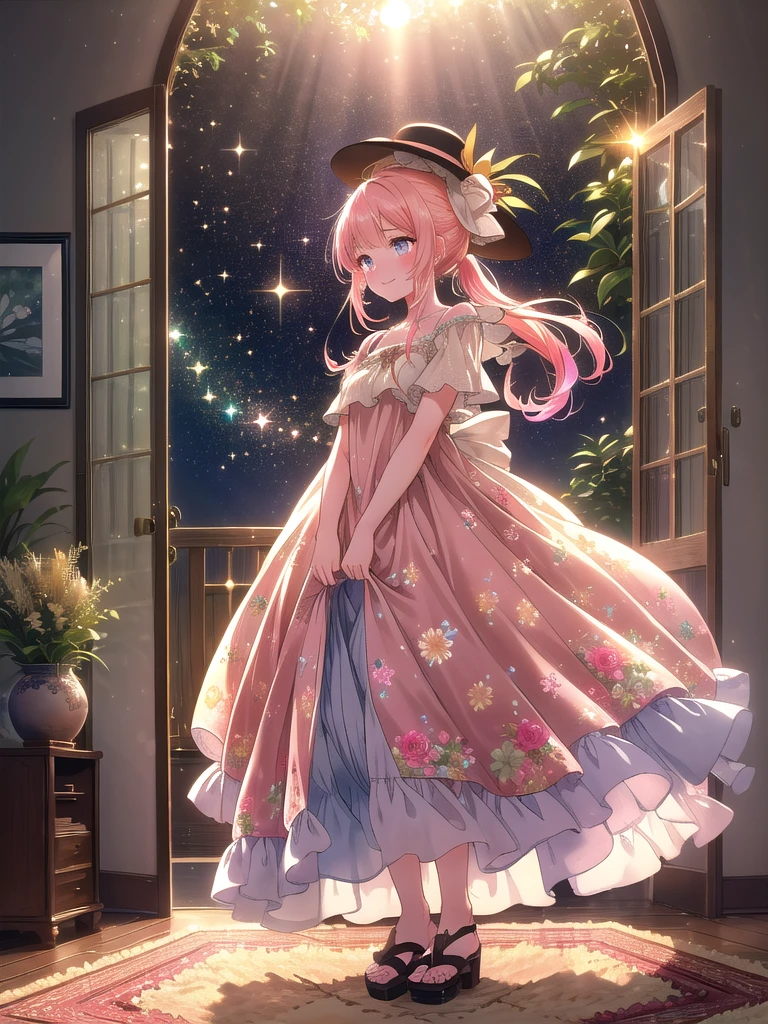 ((8k, Highest quality, masterpiece: 1.3)),Ultra-high resolution,(1 girl, alone), (Color changing eyes, Ultra-detailed, Expressive brilliance, Glitter, Glowing Eyes), Highly detailed eyes, Highly detailed face, Random Hair, ((pastel colour)),A beaming young woman with pastel peach-colored hair styled into a loose ponytail, standing near her dresser in her softly lit bedroom during the late afternoon. She is dressed in a modest yet subtly sexy floral sundress, which flows just above her knees, paired with simple sandals and a wide-brimmed hat. The camera captures her from a slightly elevated angle as she looks up with a bright smile, her expression full of warmth and joy. The room is warmly lit by the setting sun, with a few potted plants, a cozy rug, and a light, airy atmosphere that creates a scene of relaxed elegance and simple beauty.