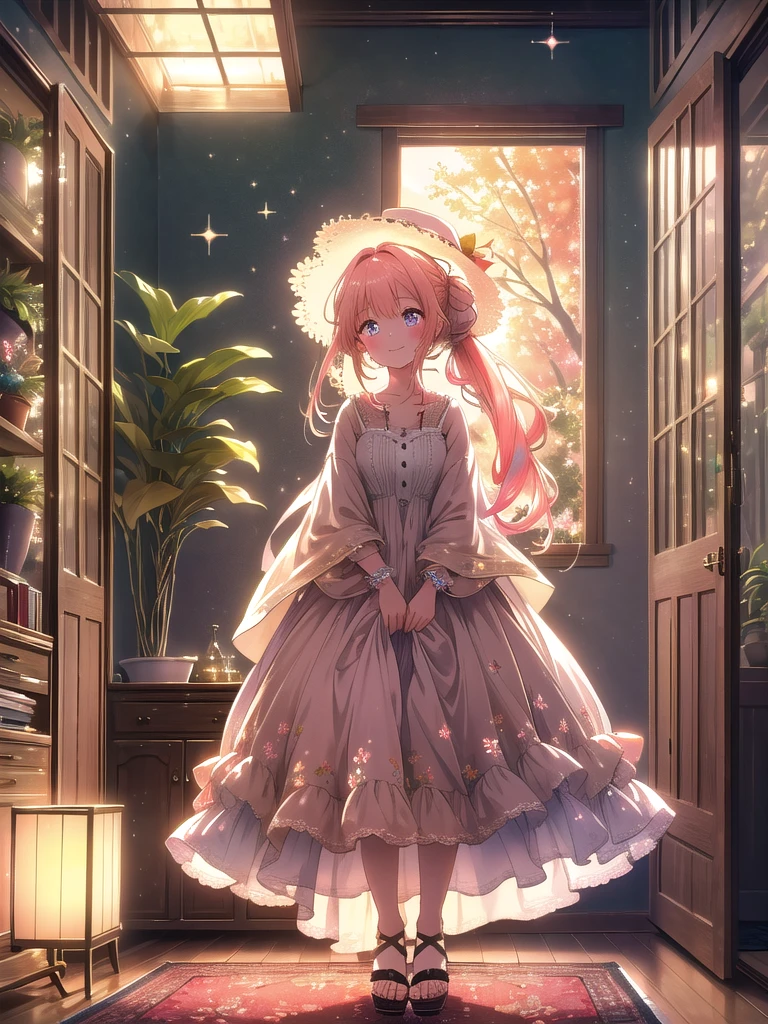 ((8k, Highest quality, masterpiece: 1.3)),Ultra-high resolution,(1 girl, alone), (Color changing eyes, Ultra-detailed, Expressive brilliance, Glitter, Glowing Eyes), Highly detailed eyes, Highly detailed face, Random Hair, ((pastel colour)),A beaming young woman with pastel peach-colored hair styled into a loose ponytail, standing near her dresser in her softly lit bedroom during the late afternoon. She is dressed in a modest yet subtly sexy floral sundress, which flows just above her knees, paired with simple sandals and a wide-brimmed hat. The camera captures her from a slightly elevated angle as she looks up with a bright smile, her expression full of warmth and joy. The room is warmly lit by the setting sun, with a few potted plants, a cozy rug, and a light, airy atmosphere that creates a scene of relaxed elegance and simple beauty.
