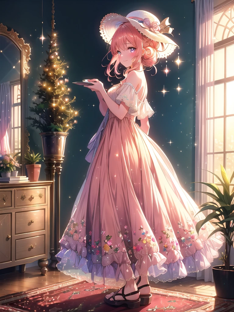 ((8k, Highest quality, masterpiece: 1.3)),Ultra-high resolution,(1 girl, alone), (Color changing eyes, Ultra-detailed, Expressive brilliance, Glitter, Glowing Eyes), Highly detailed eyes, Highly detailed face, Random Hair, ((pastel colour)),A beaming young woman with pastel peach-colored hair styled into a loose ponytail, standing near her dresser in her softly lit bedroom during the late afternoon. She is dressed in a modest yet subtly sexy floral sundress, which flows just above her knees, paired with simple sandals and a wide-brimmed hat. The camera captures her from a slightly elevated angle as she looks up with a bright smile, her expression full of warmth and joy. The room is warmly lit by the setting sun, with a few potted plants, a cozy rug, and a light, airy atmosphere that creates a scene of relaxed elegance and simple beauty.