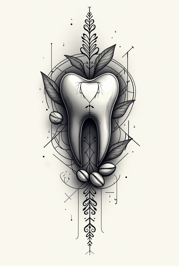 Abstract tooth tattoo, with coffee beans in fine lines, with a Nordic style Viking runes and the date March 24, 2023