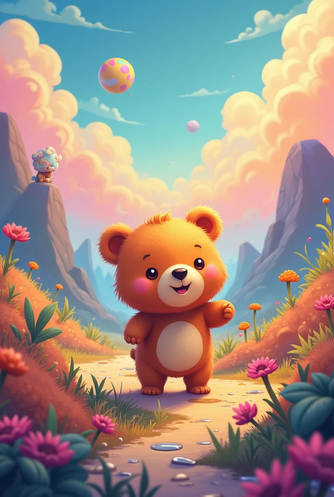 A cute bear who lives on a rainbow-colored planet