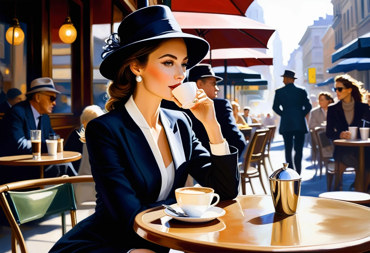 deep stroke oil painting of A chic woman, elegantly attired in the latest fashion trends, gracefully seated at a bustling sidewalk café, savoring a steaming cup of coffee. The scene is bathed in the soft, dramatic interplay of natural light and shadows, creating an alluring ambiance. Surrounded by a lively crowd, her candid pose exudes an air of effortless sophistication and intrigue.