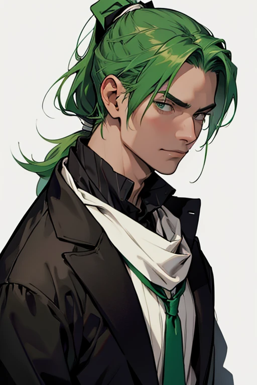 Green Hair、ponytail、Medieval European aristocrat in a black suit、A white neckerchief as a tie