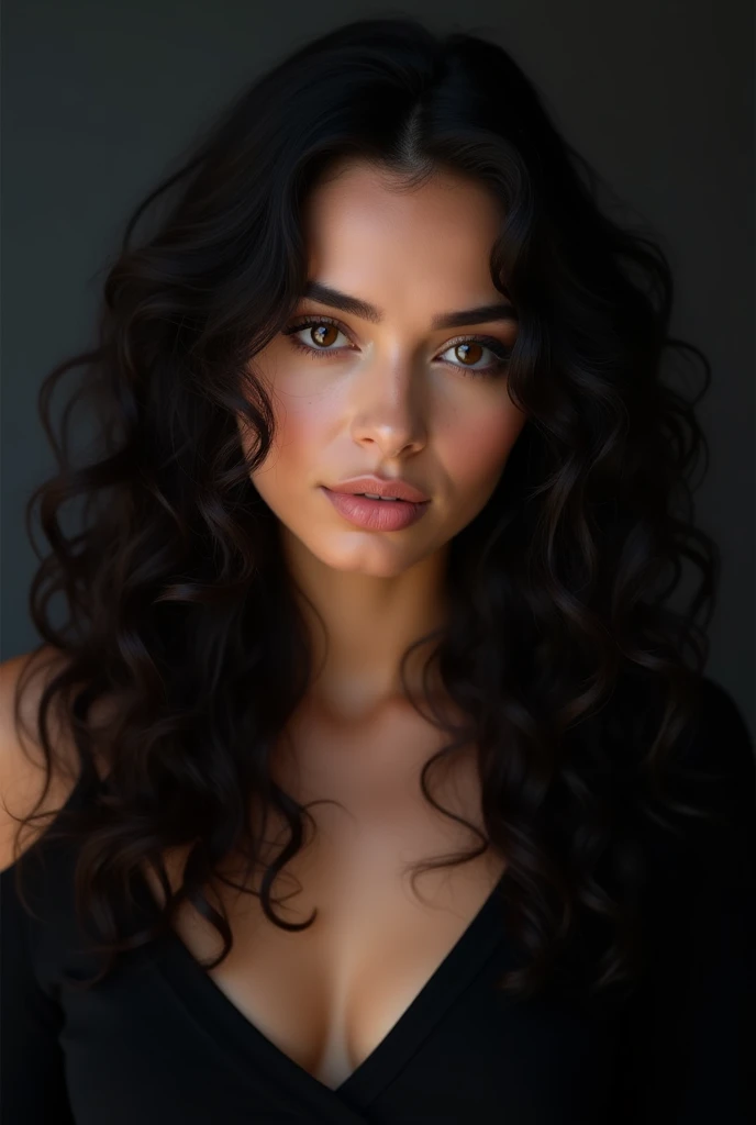 18-year-old Spaniard, long black curly hair, Brown eyes, perfect face, professional makeup, Like a model, C and in a black top