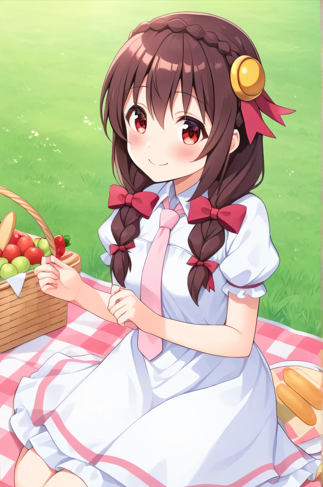 alone, One person, Yunyun, (smile:1.5)、 (blush:1.5)、Crown braids of the same color as your hair, Red Eyes、hair ornaments, Hair Ribbon, Pink tie, White dress, picnic、heart、♥