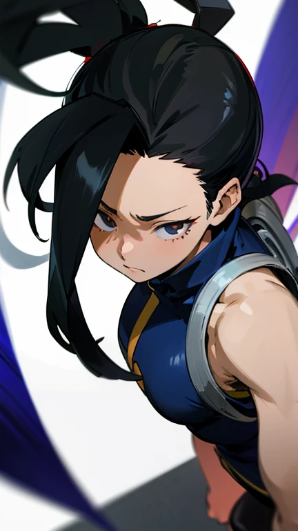 Artwork, best quality, yaoyorozu momo, 1 girl, close up, eyes black, Bblack hair, hypercauda, long hair, hair pulled back, , standing alone, looking ahead at viewer, with huge ass