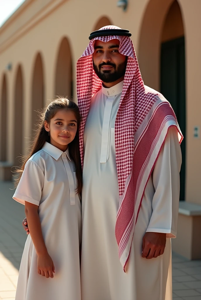 a saudi man in traditional saudi clothes standing next to his son and daughter in school uniforms, school background, (best quality,4k,8k,highres,masterpiece:1.2),ultra-detailed,(realistic,photorealistic,photo-realistic:1.37),highly detailed faces and expressions, beautiful detailed eyes,beautiful detailed lips,extremely detailed eyes and face,longeyelashes,traditional saudi architecture,school building,intricate details,vibrant colors,dramatic lighting,cinematic composition