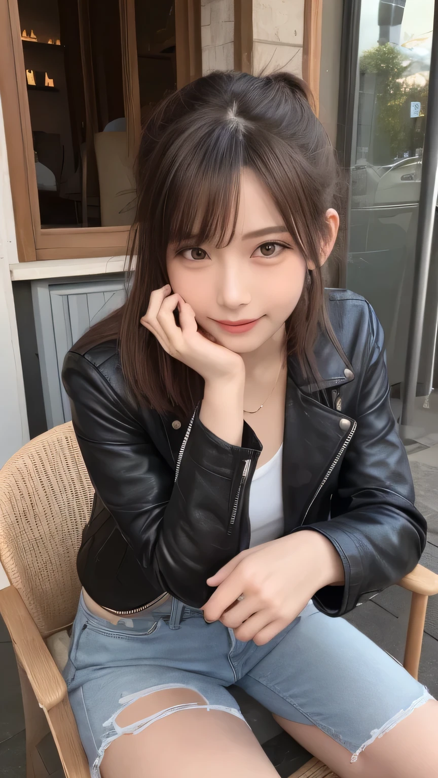 Best image quality (8k, High resolution, masterpiece: 1.2), Very detailed, Random Hairstyles, 26-year-old woman, 

Extraordinary beautiful girl、Cute and beautiful face details、(Dealing with the Children_v1:0.008)、


score_9, score_8_upper, score_7_upper, 

A moment of rest at a cafe: Sitting on the terrace of a stylish cafe、Relaxing with a cup of hot coffee。Looking out at the street outside、Quietly lost in thought。
clothing: Wearing a black leather jacket、Casual sneakers on your feet。Pair it with jeans for a casual look、The bottom of his jacket is hanging over the chair。
expression: With a gentle smile、Enjoying a pleasant time。


,Active stop temporarily ,
On her side、The thunder danced。
Focus on the upper waist


, Random cute poses ,Big eyes ,Puffy eyes ,  Heart pupil, blush  , Big shy smile , salute

　

