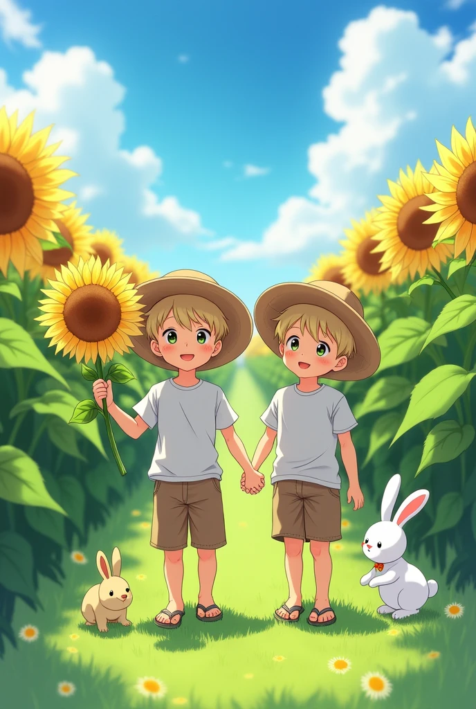 This image has to be in anime, a very beautiful sunflower field. Two boys of the same age are coming out of there, smiling. They are wearing straw hats, a long white shirt, short brown shorts, and flip-flops. They are holding a sunflower and they are holding hands. It is a beautiful day with clouds in the sky and the grass is very green. One of the boys is tanned. There are two white rabbits next to them and they are looking straight ahead. One of the boys is blond.
