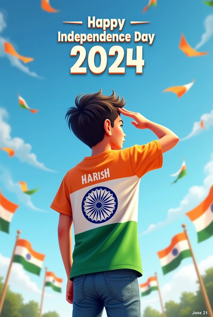 A young boy stands proudly under a clear blue sky, celebrating Independence Day on August 15th, 2024. He is wearing a vibrant tricolor T-shirt with his name "Harish" printed on the back, along with a large image of the Ashoka Chakra. The sky above him features the words "Happy Independence Day 2024" in bold, festive letters. Indian flags are flying around him, and a sense of national pride fills the air as he salutes, symbolizing his love for the country.