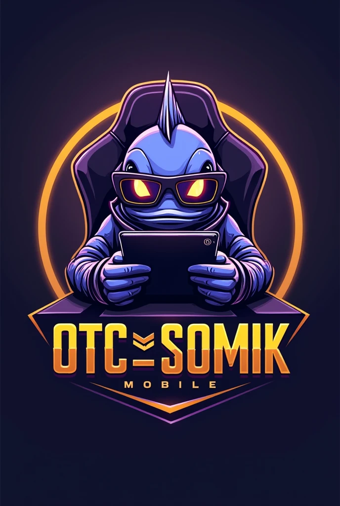 Create a logo for a man about a PUBG Mobile player with the nickname OTC SOMiK. The logo should show a fish playing PUBG Mobile on an iPad. The fish is sitting in handcuffs on a gaming chair with glasses. The logo must contain the inscription OTC》SOMiK. The colors are purple and gold