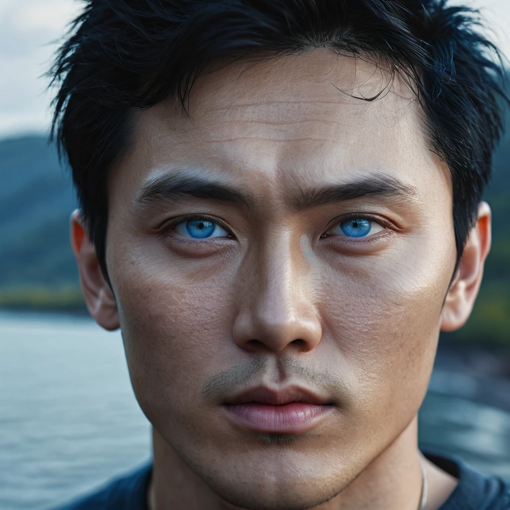 Man. Black hair. Light skin. Blue eyes. Russian/Korean nationality. 30 years old., (best quality,4k,8k,highres,masterpiece:1.2),ultra-detailed,(realistic,photorealistic,photo-realistic:1.37),cinematic composition,beautiful scenery,moody,atmospheric,vibrant colors