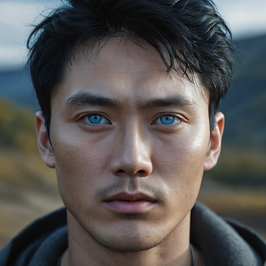 Man. Black hair. Light skin. Blue eyes. Russian/Korean nationality. 30 years old., (best quality,4k,8k,highres,masterpiece:1.2),ultra-detailed,(realistic,photorealistic,photo-realistic:1.37),cinematic composition,beautiful scenery,moody,atmospheric,vibrant colors