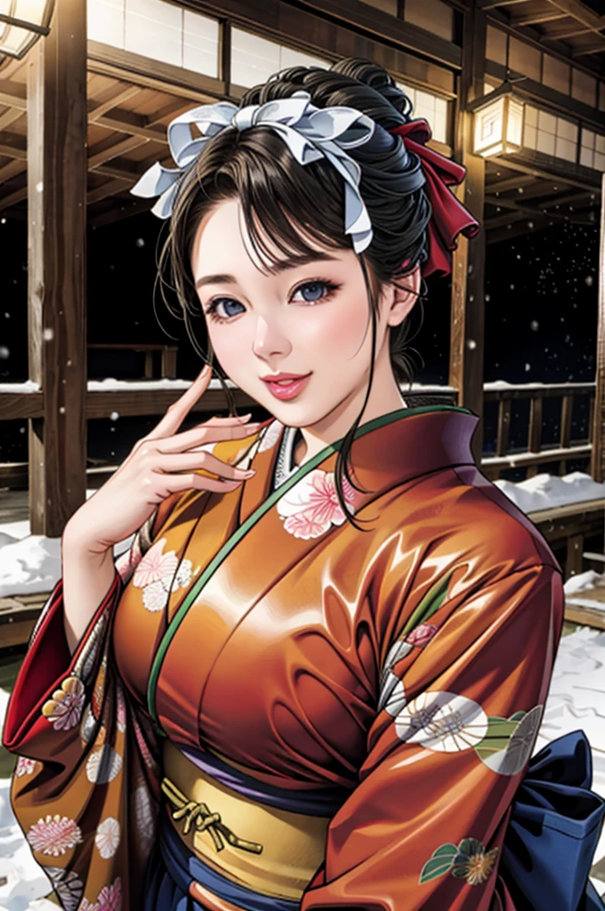 (Browsing Caution), (RAW Photos), (Realistic), (Photorealistic), Ultra-high resolution, masterpiece, Highest quality, Portraiture, facial Portraiture, Perfect lighting, Detailed lighting, Dramatic Shadows, Ray Tracing, Pure Eros Face_v1, Urzan-6500-v1.1, ((gentle smile)), ((upper body:1.2)), ((random sexy pose)), looking at viewer, ((wearing a kimono)), ((in old Japanese sinto)), ((night)), ((background with snow:1.2)), ((blizzard:1.2)),