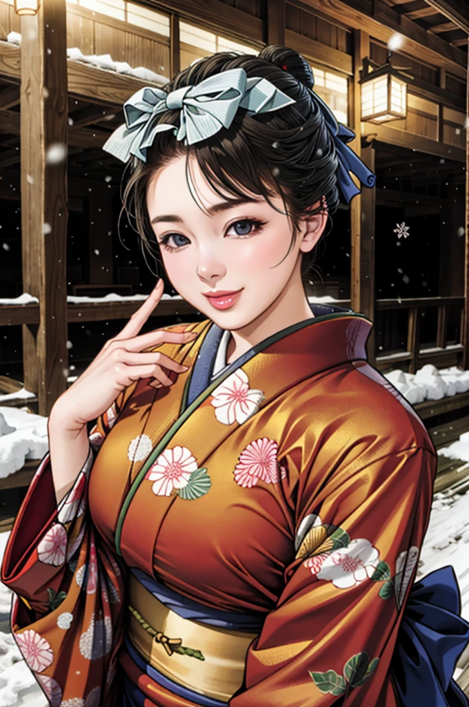 (Browsing Caution), (RAW Photos), (Realistic), (Photorealistic), Ultra-high resolution, masterpiece, Highest quality, Portraiture, facial Portraiture, Perfect lighting, Detailed lighting, Dramatic Shadows, Ray Tracing, Pure Eros Face_v1, Urzan-6500-v1.1, ((gentle smile)), ((upper body:1.2)), ((random sexy pose)), looking at viewer, ((wearing a kimono)), ((in old Japanese sinto)), ((night)), ((background with snow:1.2)), ((blizzard:1.2)),
