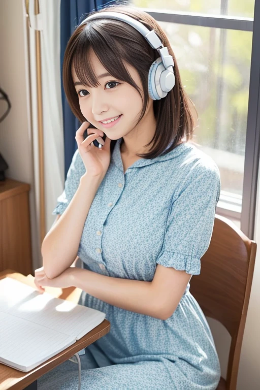 The composition shows a girl sitting in a chair listening to the radio in her room with a window.。Small bust、A beautiful Japanese girl in her mid-s with a slim waist。Fine-grained skin、The color is white。 The face has large eyes、Cute idol face。 Her hair is long and straight, reaching down to her chest.。Wearing headphones。The expression is smiling.、The gaze is directed towards the camera、Mouth is closed。 Her outfit is ivory with a light blue floral pattern.、Long short-sleeved dress。is writing on a notepad on the desk。Photorealistic