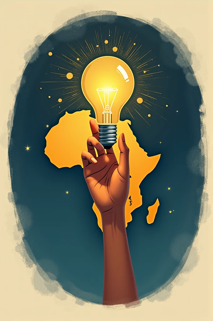 Une illustration de la carte de l'Afrique avec une main tenant une ampoule avec de la lumière et des éclats en petit points
La main ne doit pas déborder de la carte et la carte doit être entourée d'un cercle