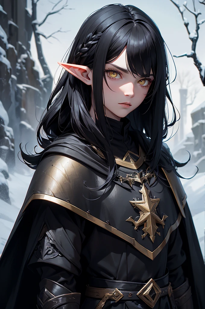 Man, black armor. black cloak. black hair, Parted bangs. yellow eyes. elf ears, winter background, stern looks, males, mid length hair