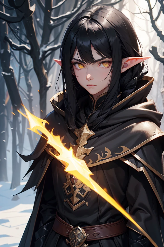 Man, black armor. black cloak. black hair, Parted bangs. yellow eyes. elf ears, winter background, stern looks, males, mid length hairMan, black armor. black cloak. black hair, Parted bangs. yellow eyes. elf ears, winter background, stern looks, males, mid length hair