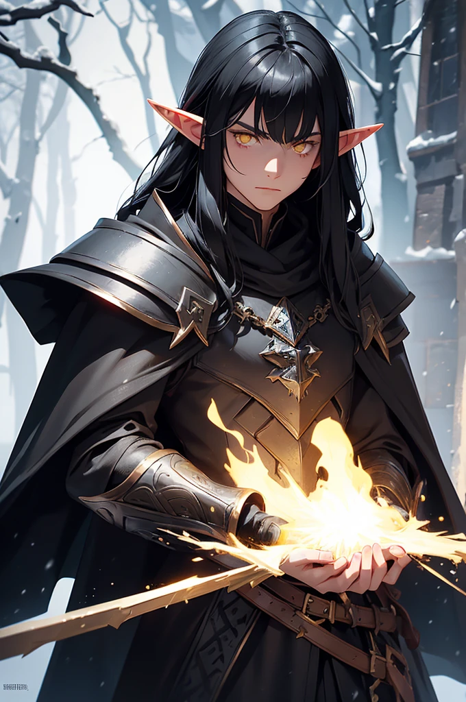 Man, black armor. black cloak. black hair, Parted bangs. yellow eyes. elf ears, winter background, stern looks, males, mid length hairMan, black armor. black cloak. black hair, Parted bangs. yellow eyes. elf ears, winter background, stern looks, males, mid length hair
