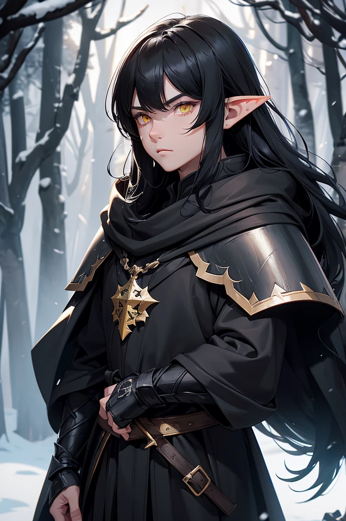 Man, black armor. black cloak. black hair, Parted bangs. yellow eyes. elf ears, winter background, stern looks, males, mid length hairMan, black armor. black cloak. black hair, Parted bangs. yellow eyes. elf ears, winter background, stern looks, males, mid length hair