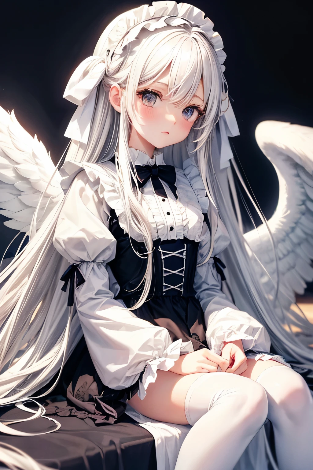  Long white hair, lolita, white wings, angel