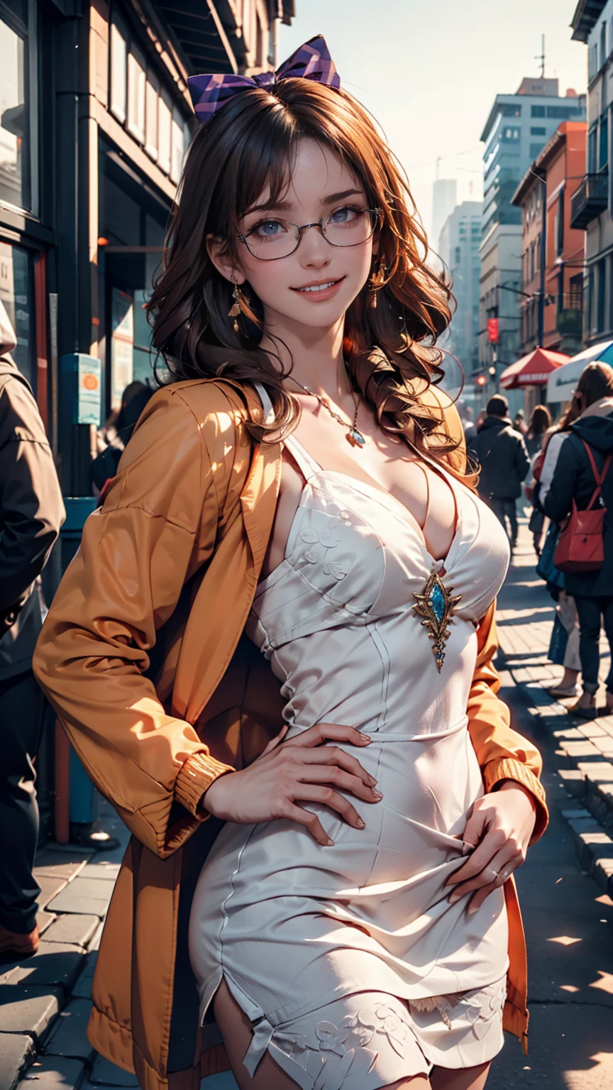 One person, alone, Go to the river, Orange Hair, Drill Hair, Wear glasses on your head, Orange eyes, jewelry, bow, White Dress, Purple Jacket, meanwhile, Earrings, Have, Are standing, Hands on hips, View your viewers, Close one eye, Grin, Outdoor, city