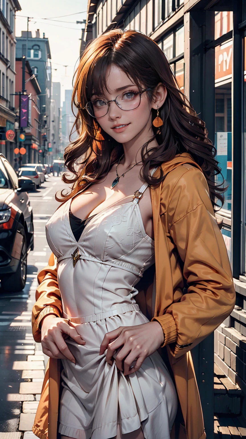 One person, alone, Go to the river, Orange Hair, Drill Hair, Wear glasses on your head, Orange eyes, jewelry, bow, White Dress, Purple Jacket, meanwhile, Earrings, Have, Are standing, Hands on hips, View your viewers, Close one eye, Grin, Outdoor, city