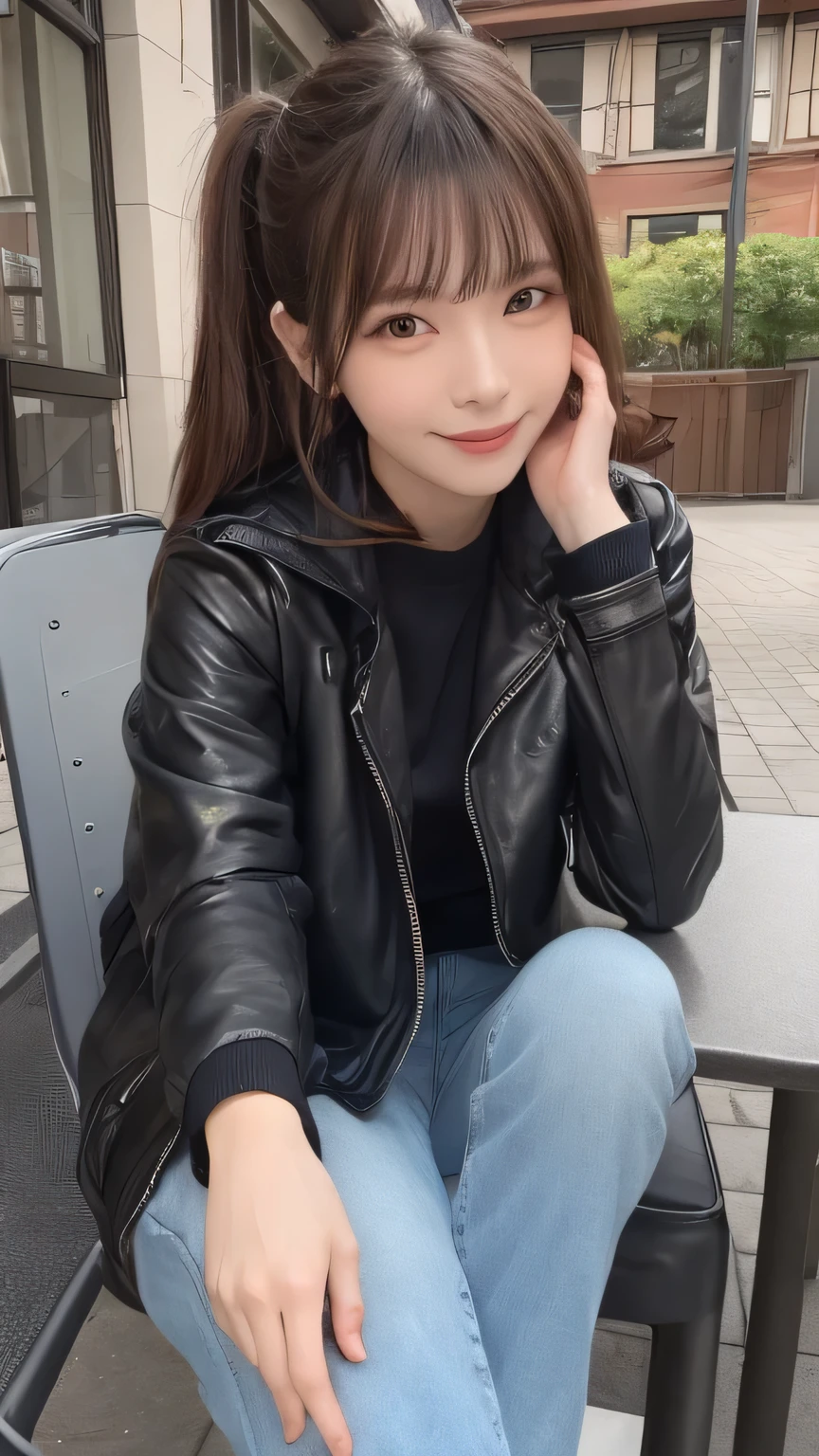 Best image quality (8k, High resolution, masterpiece: 1.2), Very detailed, Random Hairstyles, 26-year-old woman, 

Extraordinary beautiful girl、Cute and beautiful face details、(Dealing with the Children_v1:0.008)、


score_9, score_8_upper, score_7_upper, 

A moment of rest at a cafe: Sitting on the terrace of a stylish cafe、Relaxing with a cup of hot coffee。Looking out at the street outside、Quietly lost in thought。
clothing: Wearing a black leather jacket、Casual sneakers on your feet。Pair it with jeans for a casual look、The bottom of his jacket is hanging over the chair。
expression: With a gentle smile、Enjoying a pleasant time。


,Active stop temporarily ,
On her side、The thunder danced。
Focus on the upper waist


, Random cute poses ,Big eyes ,Puffy eyes ,  Heart pupil, blush  , Big shy smile , salute

　

