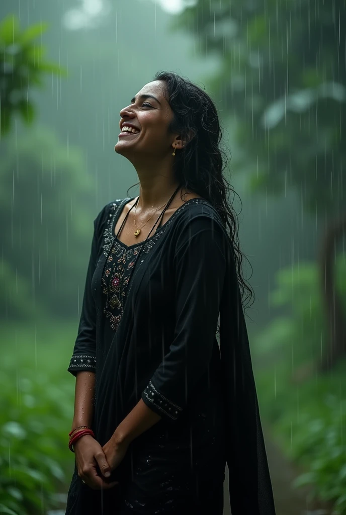 One Indian girl is getting darenged in the rain the girl has worn black Indian suit