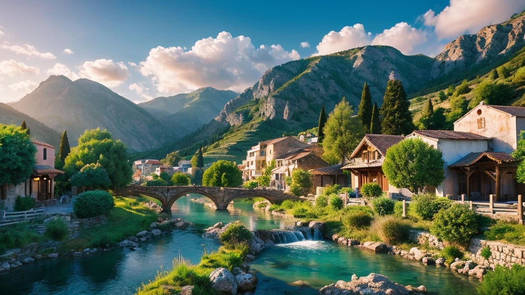 Ancient Greek Village, mystical nature, Rivers, Mountains and forests, waterfall, cloud, Photorealistic photos, It&#39;s not 8k. Aerial view.
