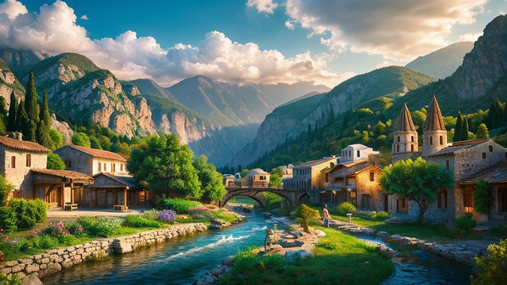 Ancient Greek Village, mystical nature, Rivers, Mountains and forests, waterfall, cloud, Photorealistic photos, It's not 8k. Aerial view.