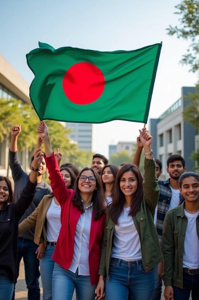 Bangladeshi students waving flag