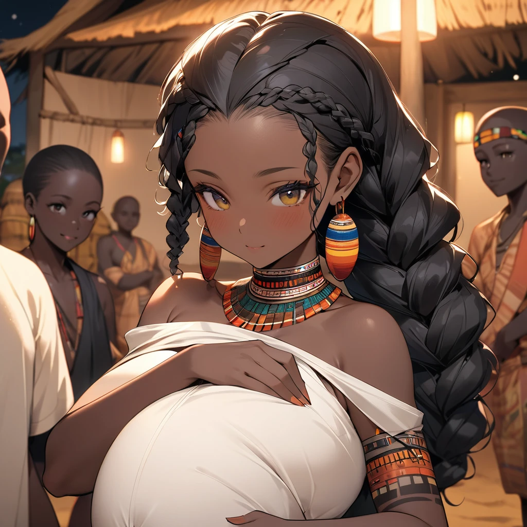 ((Highest quality)), ((masterpiece)), (detailed), (Perfect Face)、The woman has vibrant black skin, is pregnant and happily holding a baby.、(Ghana braids with strong curly hair slicked back)、Black, dark skinned, African native tribal woman、The amount of hair is small、Black Hair、Very short curly hair、Ghana braid hair, finely and delicately braided into Ghana braids and slicked back、A black African woman with braided hair, low volume, tribal earrings and tribal accessories, beautifully dressed and wearing tribal makeup、A beautiful tribal woman with tattoos all over her body、Women in tribal village night rituals、The woman's hair is dyed black by the other women in the village and styled like an African woman's.