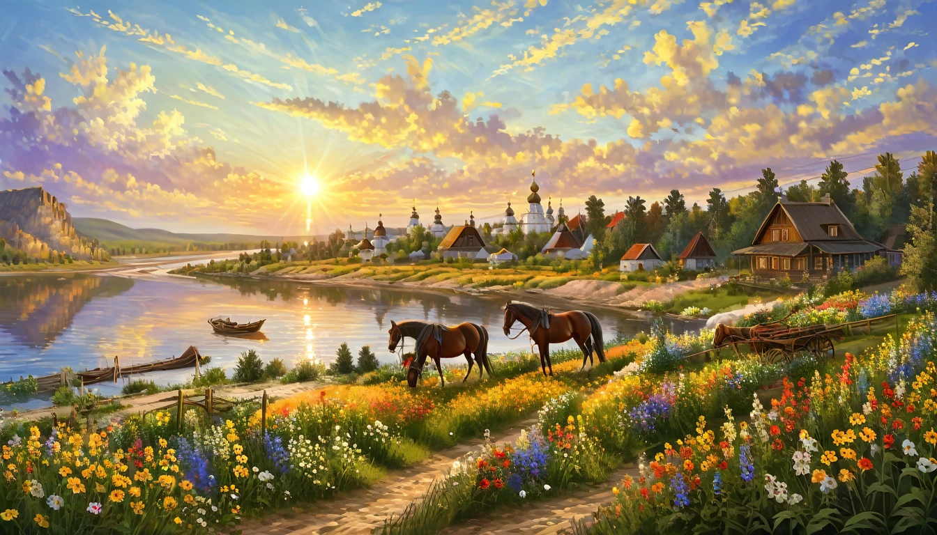 Photorealism, sunset, evening, warm summer, hyper-detailed, picturesque beautiful landscape, wildflowers, romantically depicted charming Russian village, traditional crafts, horse near the shore, river, golden haze