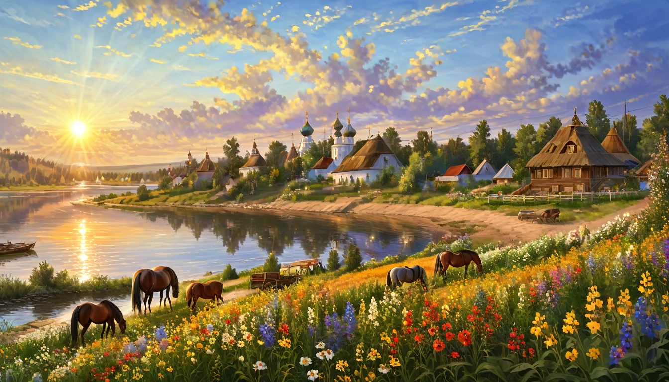 Photorealism, sunset, evening, warm summer, hyper-detailed, picturesque beautiful landscape, wildflowers, romantically depicted charming Russian village, traditional crafts, horse near the shore, river, golden haze